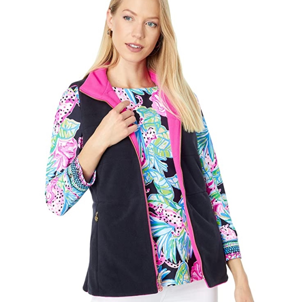 Lilly Pulitzer Reversible Puffer Vest XXS Black Pink Women Outwear Jacket